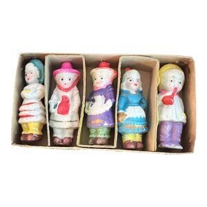 Antique 1930s Japanese All Bisque Figurines 2 3/8" Set Of 5 In Original Box